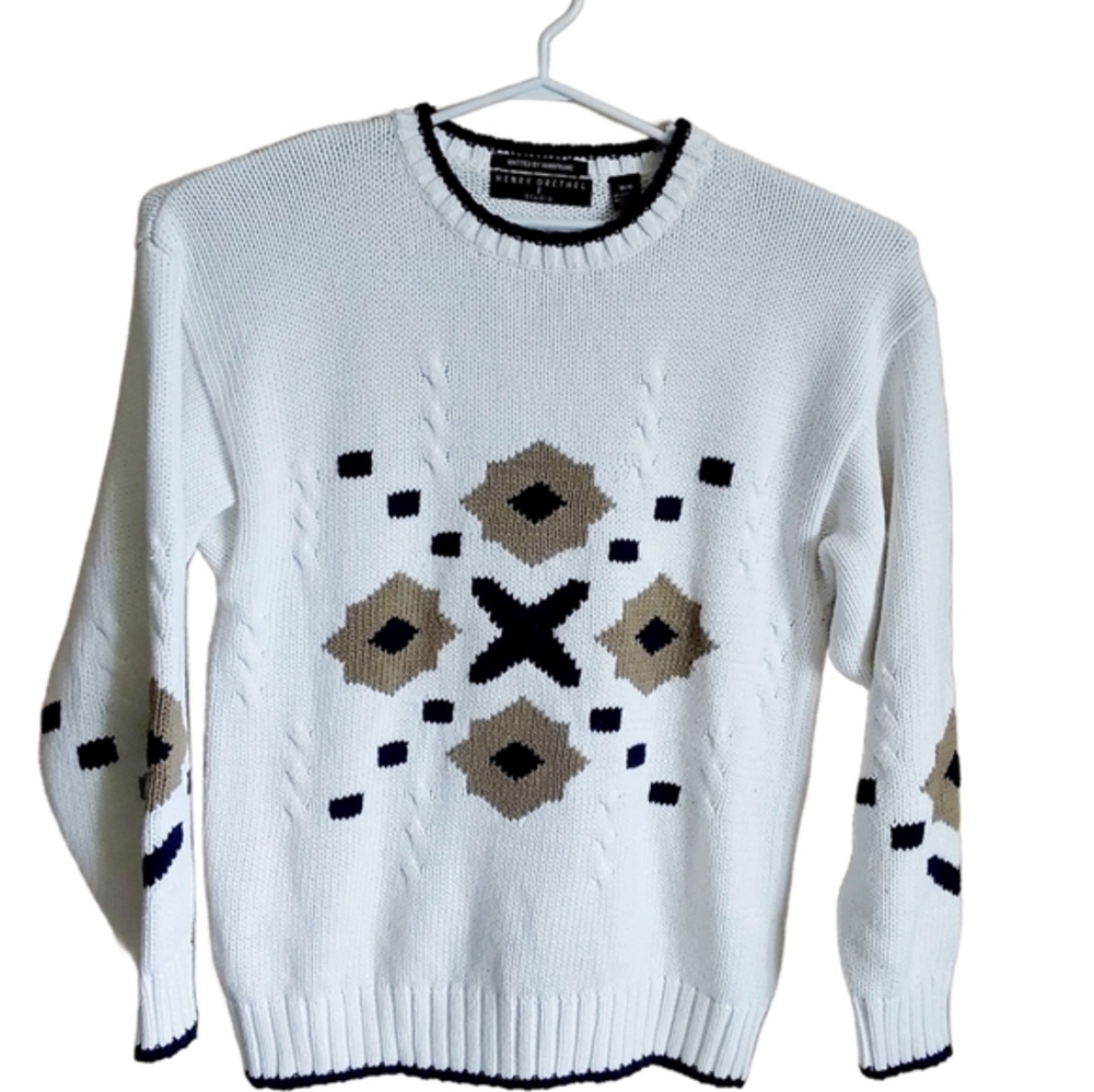 H. Grethel Chunky Sweater White Beige Brown Black. Geometric design Crew…